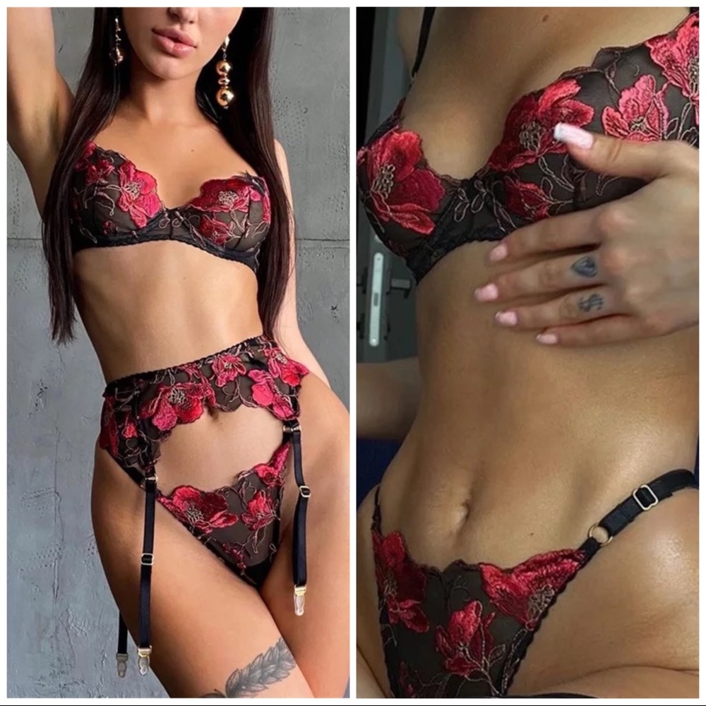 💖 NEW black sexy floral embroidery lingerie set